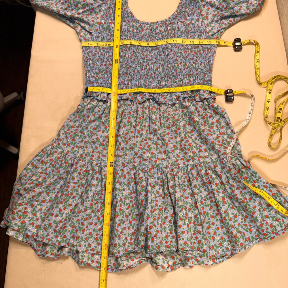Sea New York Lilly Smocked Mini Dress Blue Strawberry Floral Puff Sleeve Large - Picture 12 of 12